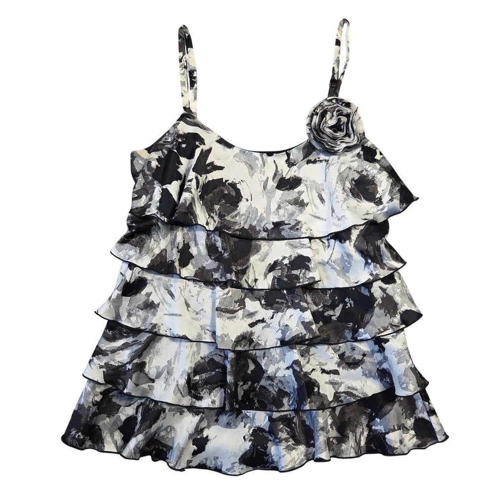 BCX Womens Black White Floral Tiered Ruffle Rosette Camisole Top M Y2k Bratz